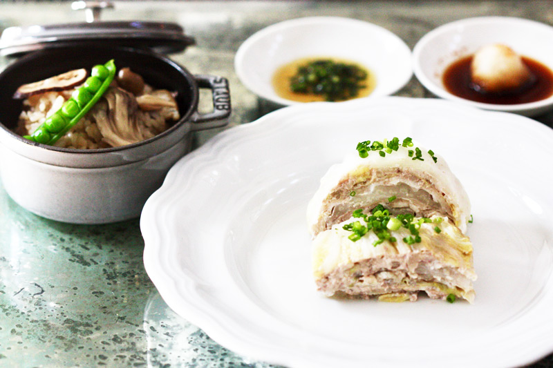 Pork and Napa Cabbage Mille-Feuille With Mushroom Rice