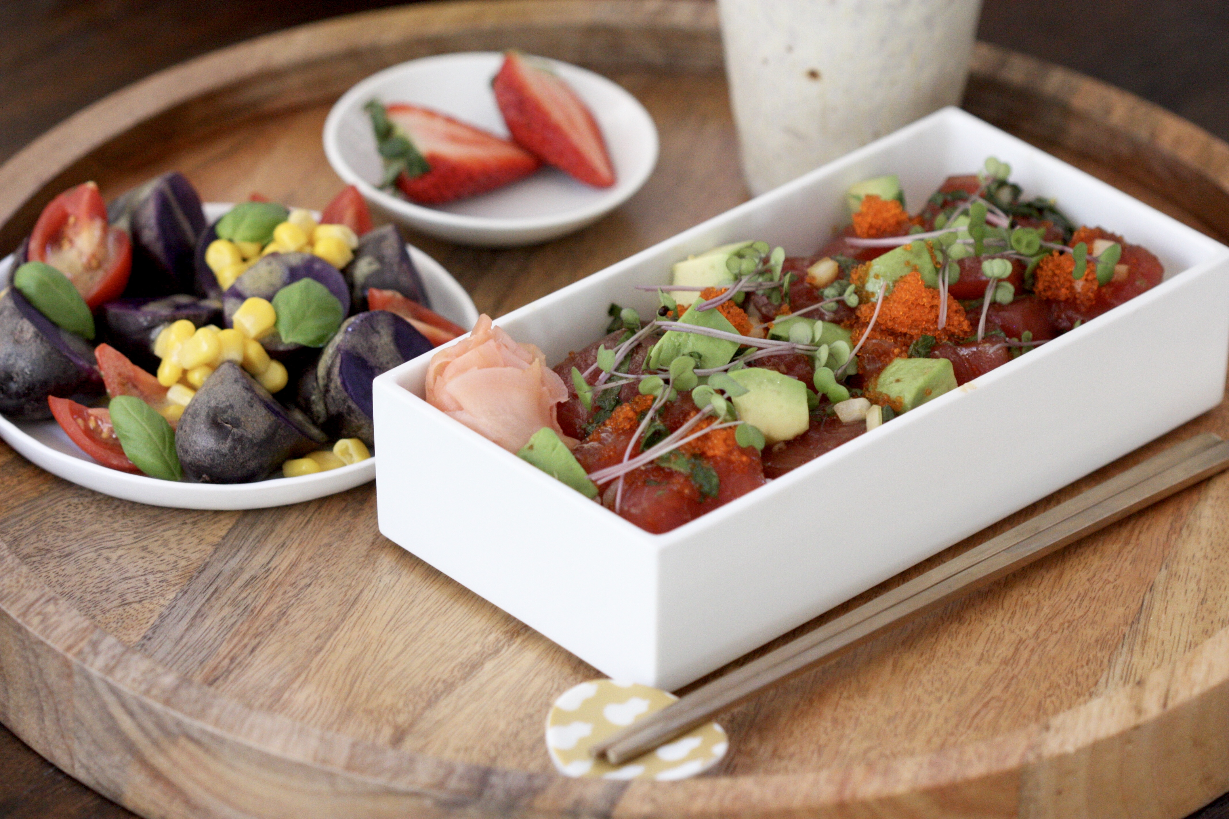 Poke Bowl and Purple Potato Salad